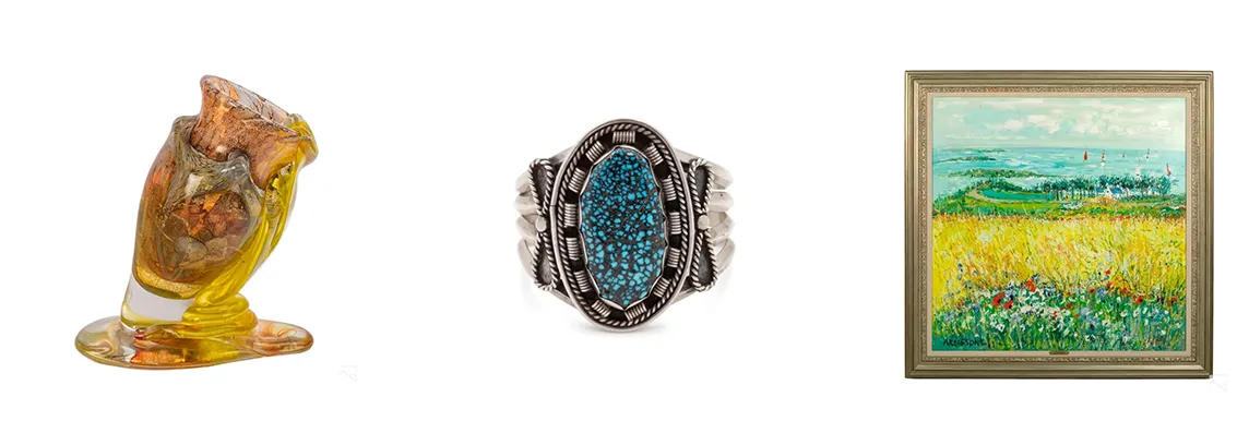 An art glass sculpture, a silver and turquoise cuff and a framed landscape painting