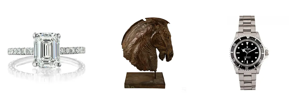 A diamond ring, a bronze horse-head sculpture and a luxury wristwatch