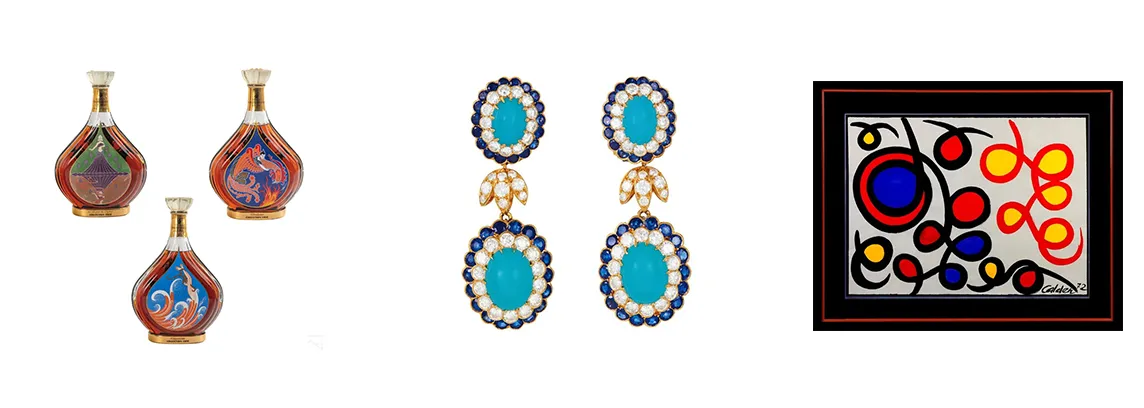 Decorative decanters, diamond and turquoise earrings and an abstract painting